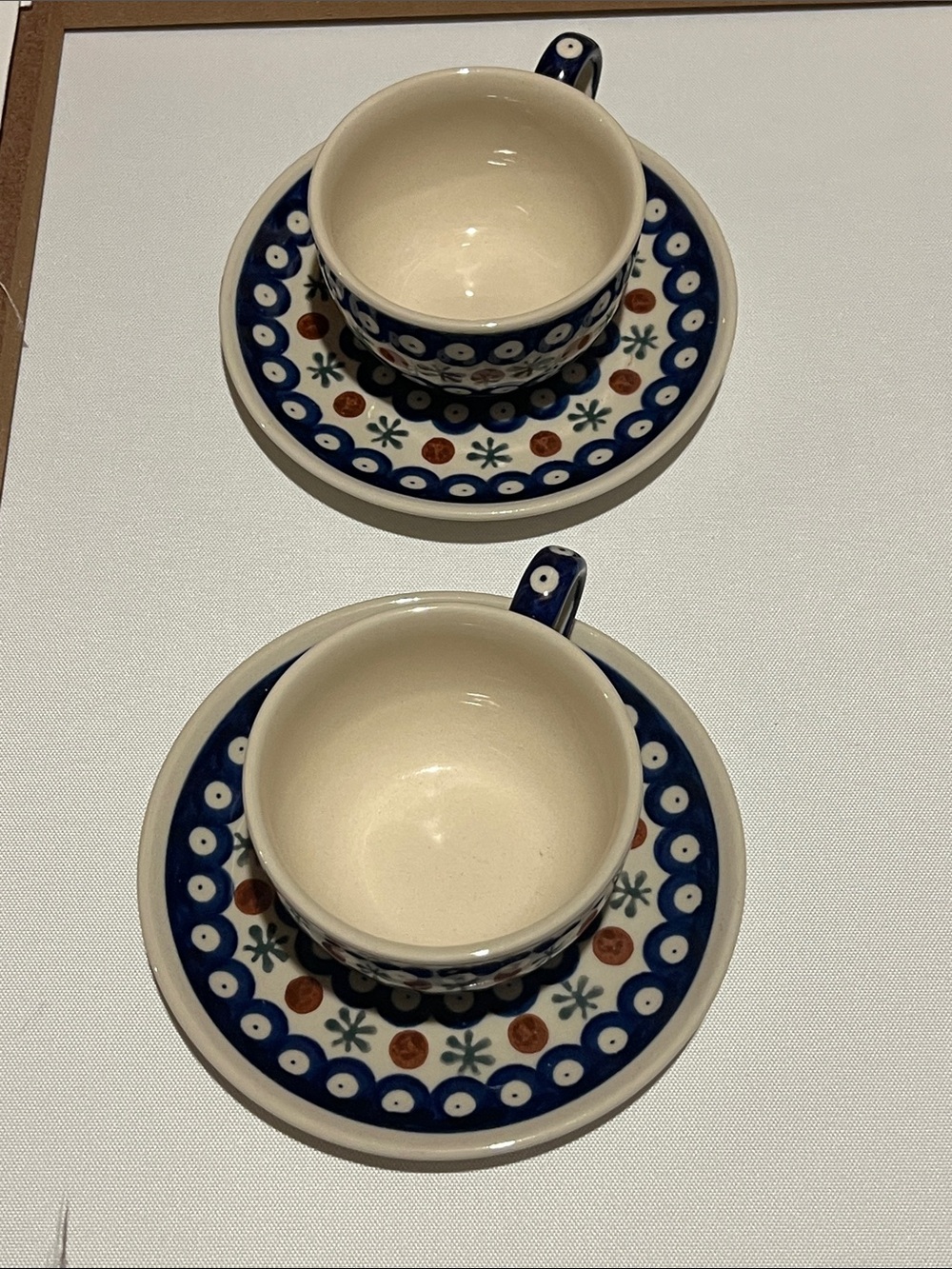 Set Of Two - Boleslawiec Polish Pottery Blue Floral Espresso Cups with plates